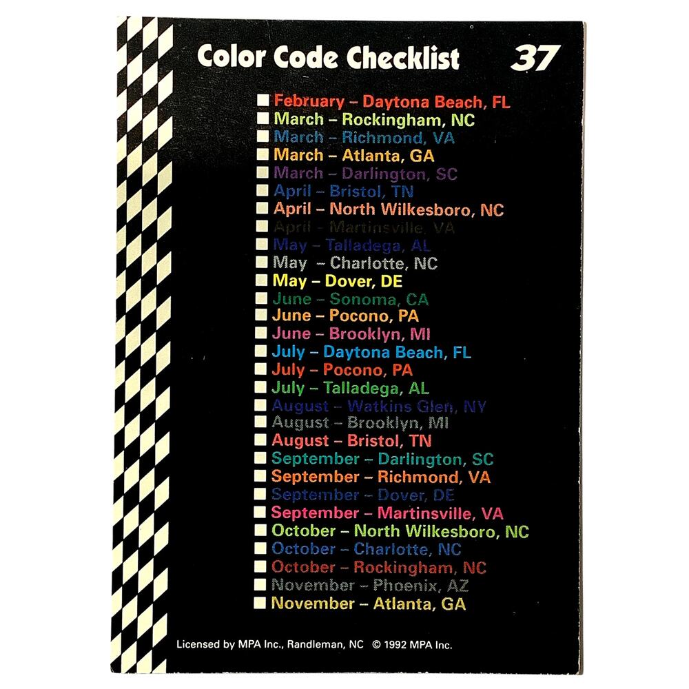 1992 Richard Petty Fan Appreciation Color Code Checklist, Food Lion MPA Card #37